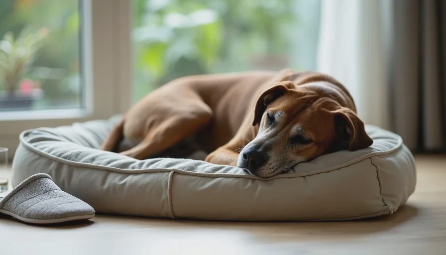  Biscuit, an elderly brown dog with a gray muzzle, sleeps deeply on a beige dog bed in a sunlit living room, a folded blanket under his head.