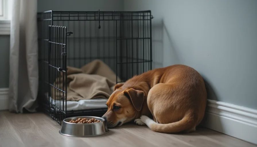  One-eyed rescue dog Waffles curled in the corner of a small safe room with a blanket, a crate, and an untouched food bowl during her first week in foster care.