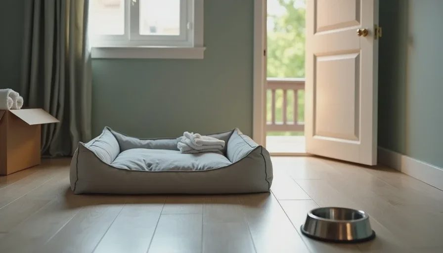 A flat dog bed placed away from the wall in a quiet room, with space around two sides and a water bowl near the doorway, showing a low-pressure setup for a rescue dog.
