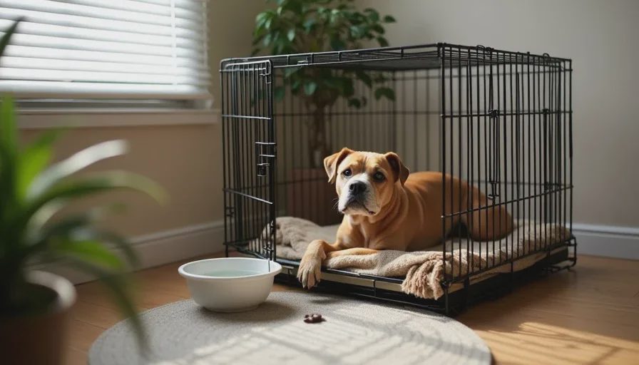  Simple rescue dog safe room setup with a wire crate, open door, a soft blanket inside, and a water bowl on the floor beside a window with closed curtain.