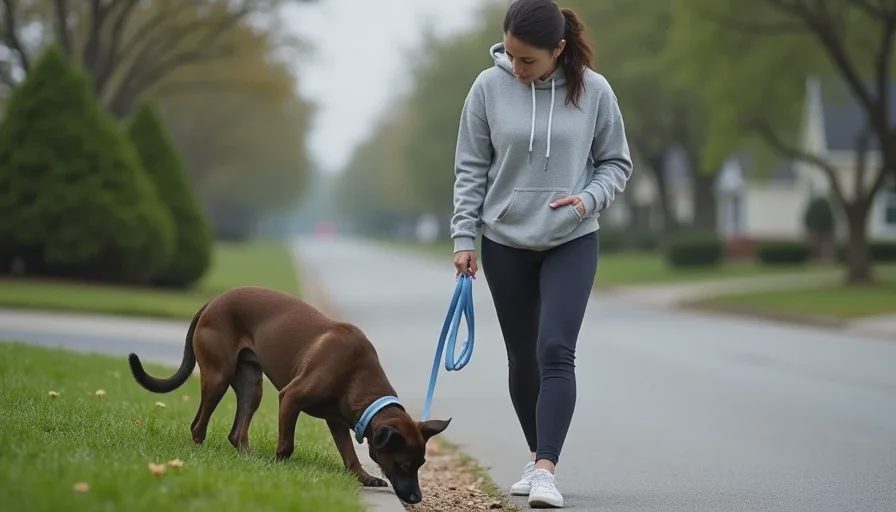  A woman walks a mixed-breed dog on a quiet residential street, the dog sniffing grass while the woman waits with a loose leash and calm posture.