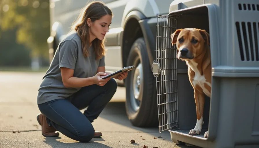 Poppy kneels beside a dog crate in a shelter parking lot, holding a clipboard and peering through the crate door to check on a dog during a transport handoff.