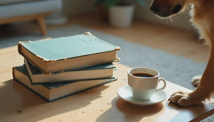  A stack of three well-worn dog training and behavior books on a coffee table, with a coffee mug beside them and a dog's paw resting on the edge of the table.