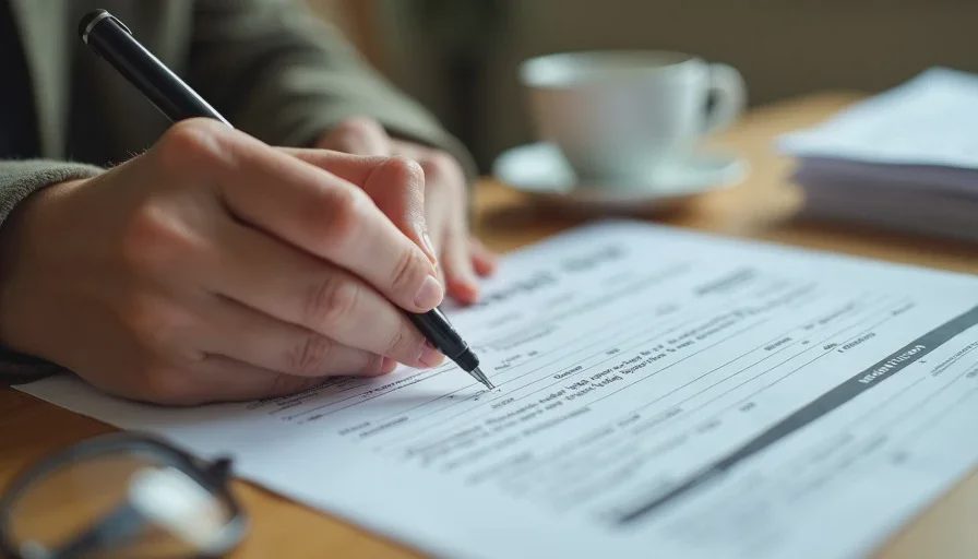Reviewing an application — notes and marks from a shelter volunteer A shelter volunteer's hand holding a pen, marking a section on an adoption application form, with a mug of coffee and a stack of other papers on the desk.