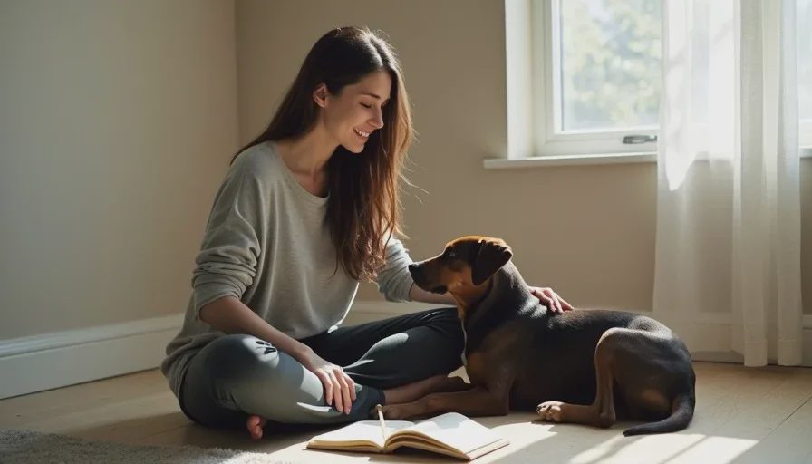 Poppy sits on the living room floor beside a calm rescue dog, both looking toward a window, with a notebook and pen on the floor nearby, suggesting patient observation instead of a strict schedule.