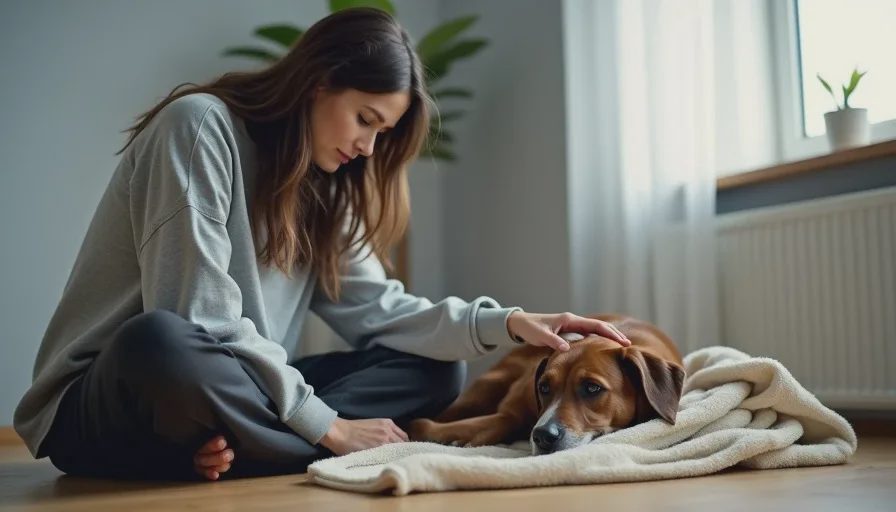 Poppy sits cross-legged on the floor beside Biscuit, gently stroking his head as he rests on a folded blanket near a sunlit window.