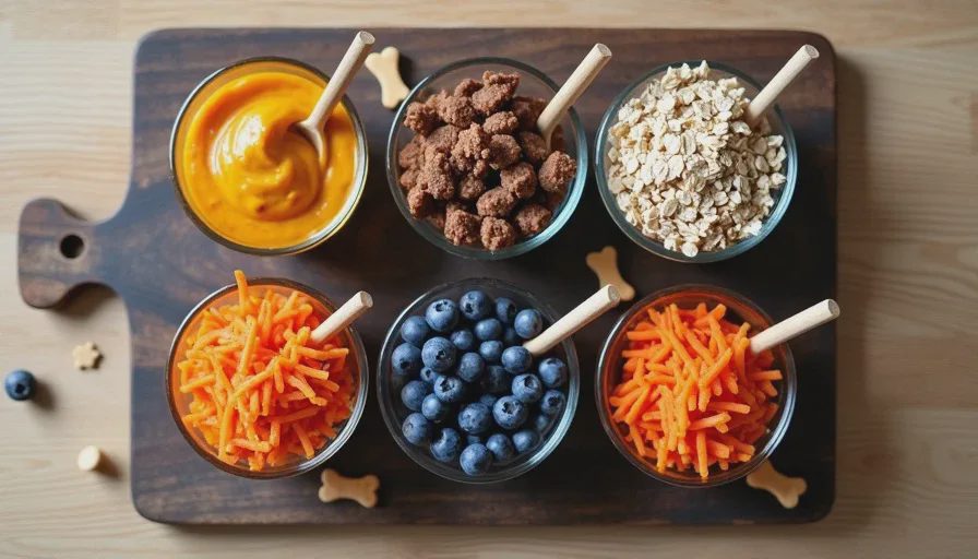 A wooden cutting board with five simple dog topper ingredients in small bowls: mashed pumpkin, cooked ground turkey, rolled oats, blueberries, and grated carrots, with a few dog treats nearby.
