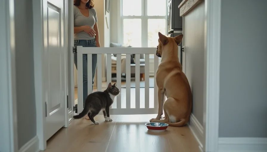 Introducing a rescue dog to a cat — first contact through a gate A new rescue dog sits calmly behind a baby gate while a cat watches from the other side, both relaxed, with a woman supervising nearby.