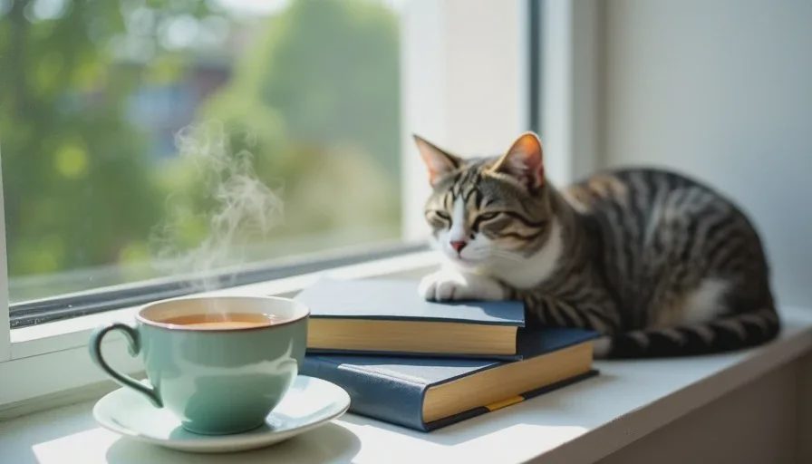 A small rest — tea, a book, and a cat on the windowsill A quiet morning scene with a cup of tea on a windowsill beside a book and a sleeping cat, suggesting a small moment of personal rest away from rescue work.