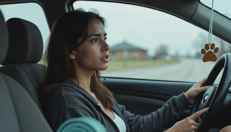 The parking lot after returning Gravy — sitting with the decision Poppy sits in the driver's seat of her car outside a shelter, staring through the windshield with a somber expression, the empty passenger seat beside her.