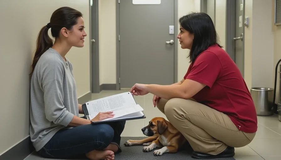 Poppy holds a dog's medical file while sitting on the floor of a shelter office, asking a volunteer about behavior notes, with a dog resting on a blanket nearby.