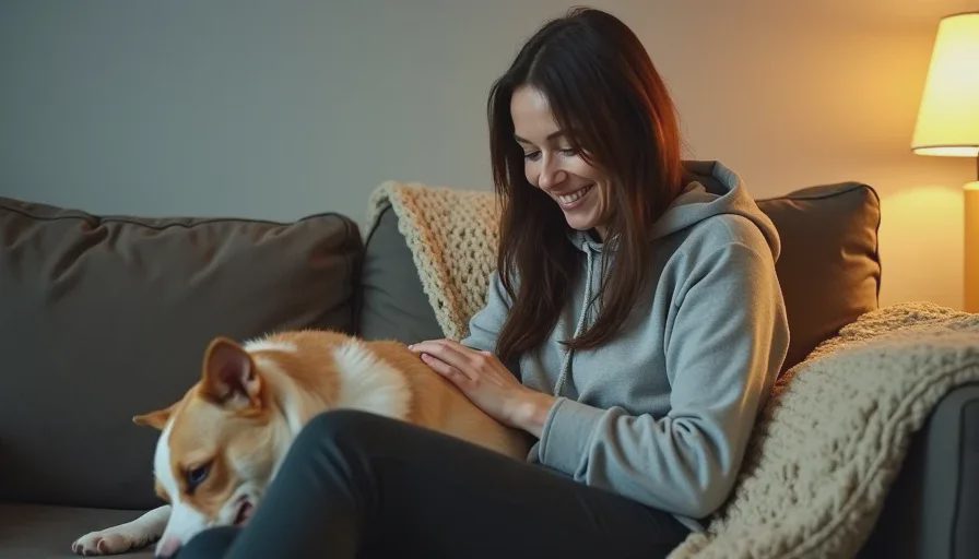 Waffles, a one-eyed rescue dog, asleep on the couch with her head resting on Poppy's lap, both relaxed in a warm living room.