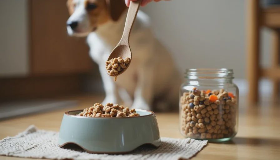  A glass jar filled with homemade dog food topper sits beside a dog bowl with kibble and a spoonful of the topper being added, while a dog waits in the background.