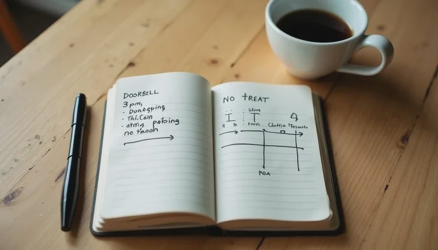 Tracking behavior triggers — the notebook that reveals patterns A small notebook with handwritten notes about a dog's behavior triggers, next to a cup of coffee and a pen on a kitchen table, suggesting careful observation.