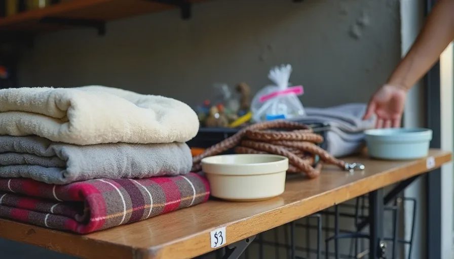  A wooden folding table at an estate sale covered with used pet supplies, including folded dog blankets, a ceramic food bowl, and a woven leash, with price tags visible and a shopper's hand reaching toward a dog bed.