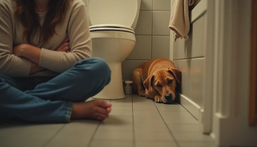  Poppy Prescott, a woman in her 30s, sits on the kitchen floor beside Waffles, a one-eyed rescue dog with a tan and white coat, both looking toward a refrigerator covered with adoption photos.