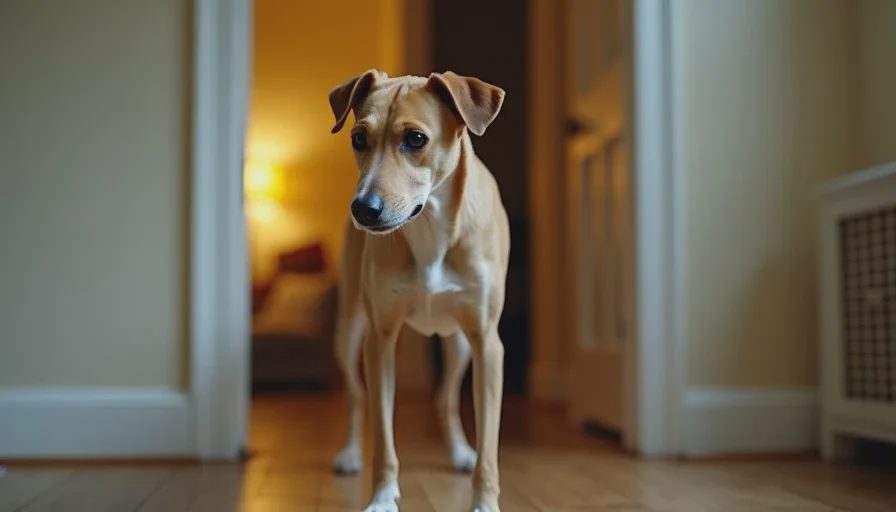 Gravy couldn't settle — the anxiety that led to a hard decision A lanky mixed-breed dog with a tense body and worried face stands in a doorway, head turned away, too anxious to enter the room.