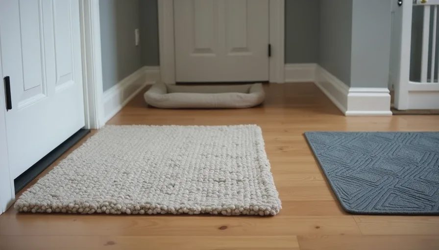 Managing a dog's fear of hardwood floors with rugs and a quiet space A living room with several non-slip rugs placed across a hardwood floor, a dog bed beside a closed door, and a pet gate in the background, showing environmental management for a fearful dog.