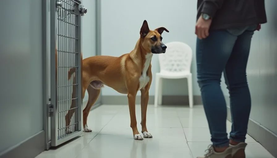  A mixed-breed dog stands behind a low gate in a shelter meeting room, body weight shifted back, ears slightly back, while a volunteer watches from a distance.