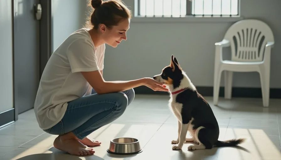  A woman crouched on the floor of a shelter meeting room offers the back of her hand to a small mixed-breed dog who is leaning forward to sniff, with a volunteer sitting nearby.