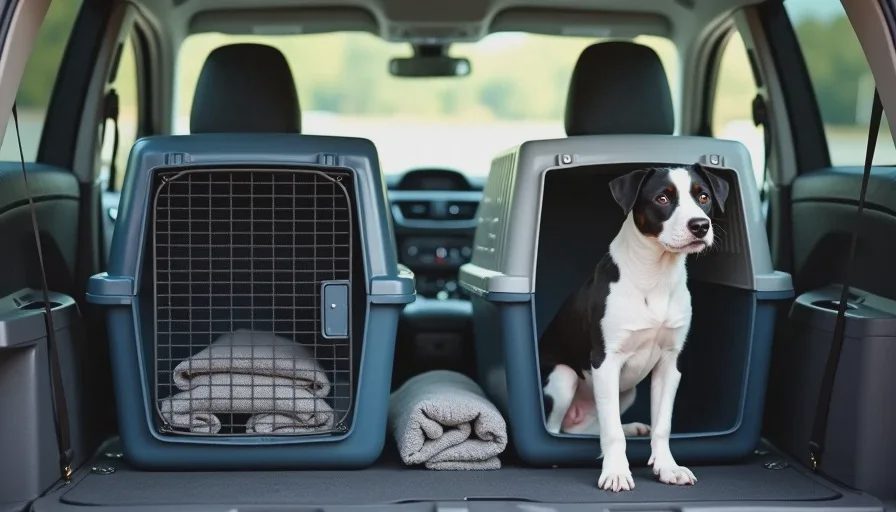  A view from the driver's seat of a car with plastic dog crates strapped in the back, one dog visible through the crate door, during a morning rescue transport drive.
