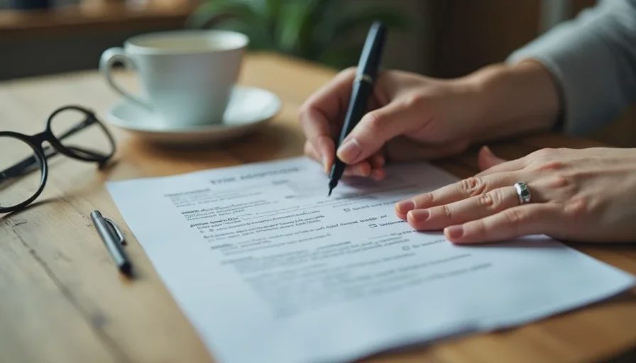  Close-up of a woman's hand hesitating over an adoption application form with a pen, a coffee cup and reading glasses nearby, conveying the pressure and uncertainty of applying to adopt a dog.