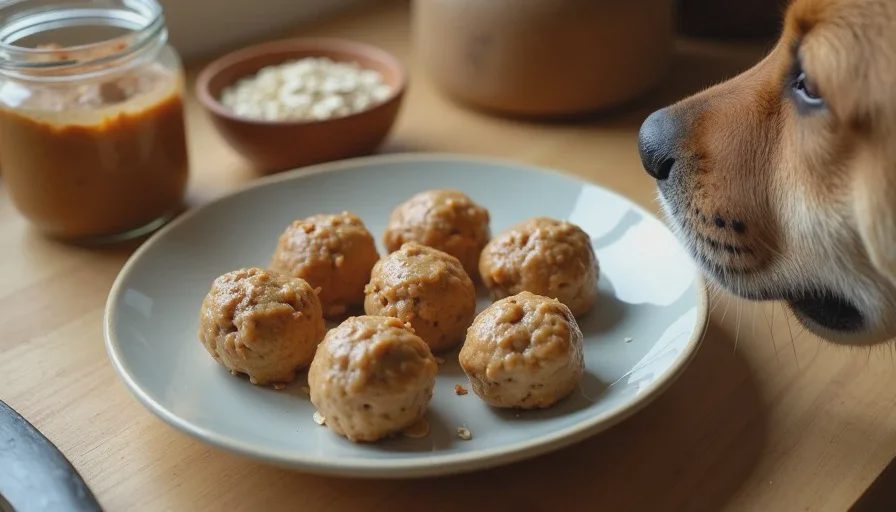 No-bake oat and peanut butter balls — a monthly treat for the pack A small plate of rolled oat and peanut butter balls for dogs, beside a jar of peanut butter and a bowl of oats, with a dog's nose just visible at the edge of the frame.