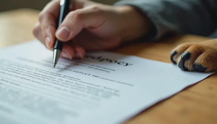 Close-up of Poppy's hands holding a pen over an adoption form, with a dog's paw resting gently on the table beside the paper, suggesting trust and commitment.