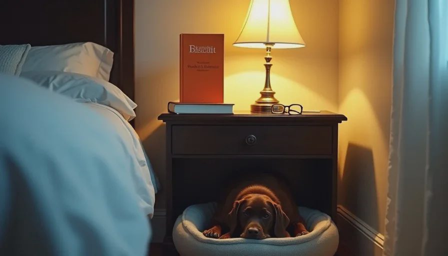  A small thin paperback book titled "Love Has No Age Limit" rests on a wooden nightstand beside a reading lamp and a sleeping dog on the floor below.