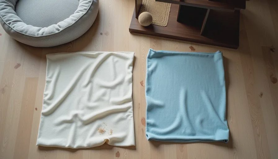 Scent swapping before face-to-face introductions Two soft cloths used for scent swapping lie on a living room floor, one near a dog bed and one near a cat tree, as part of slow rescue dog introductions.