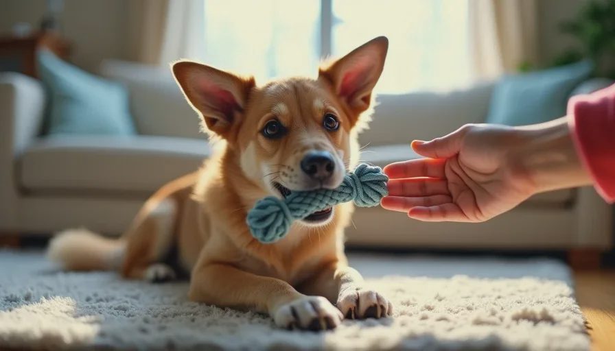 A mixed-breed rescue dog mid-play-bow in a living room, front legs down and tail up, holding a soft toy in its mouth, with a human hand reaching toward the toy.