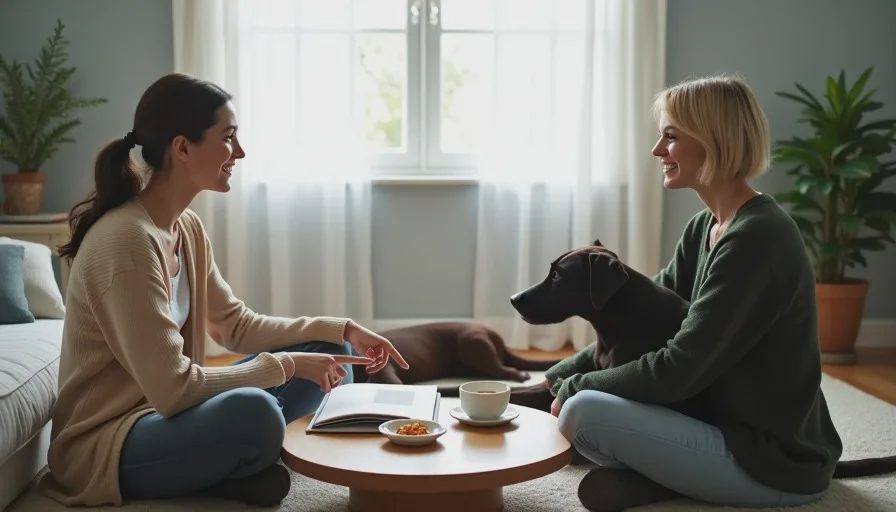  Poppy sits on the floor across from another woman at a coffee table, both smiling gently while a calm dog lies between them, suggesting a relaxed adoption conversation.