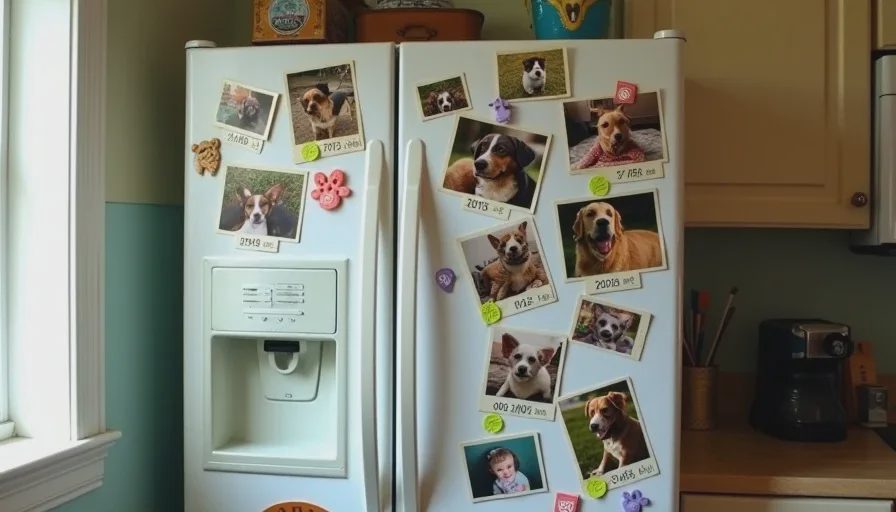  Refrigerator covered with adoption photos of different dogs and cats, held by colorful magnets, with handwritten gotcha day notes and a small paw print magnet.