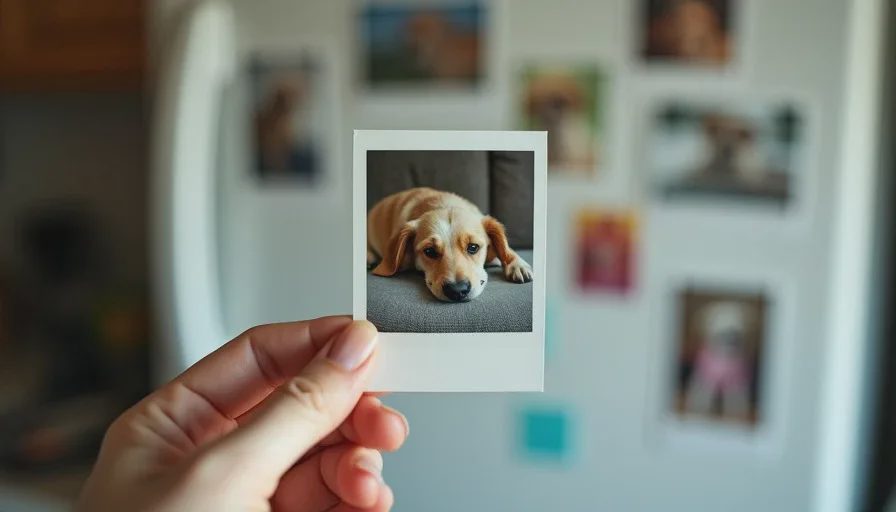 Holding a gotcha day memory — one photo among many Close-up of Poppy's hand holding a Polaroid photo of a dog against a blurred refrigerator covered with more pet adoption photos.