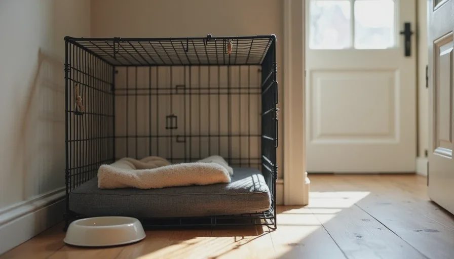  A safe room with an open wire crate containing a blanket, a second flat dog bed placed in the corner away from the crate, and a water bowl near the door.