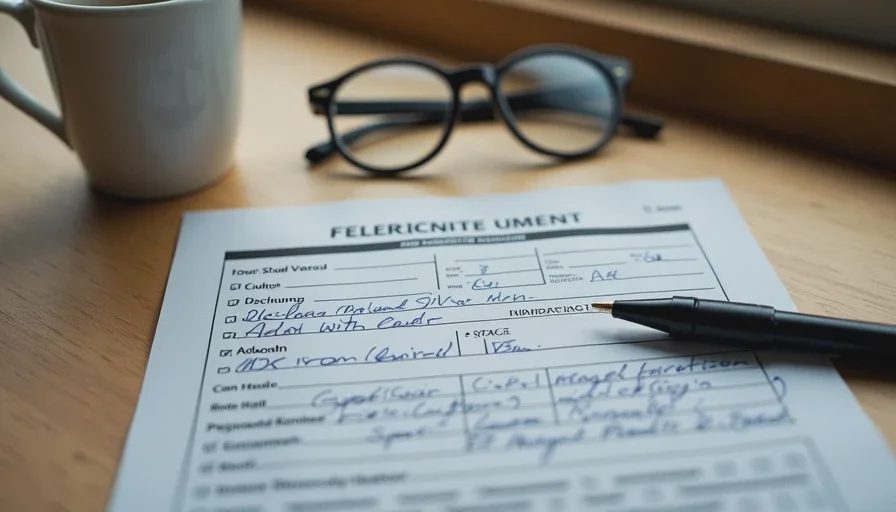 A filled adoption application — what volunteers see Overhead view of a paper adoption application form with handwritten answers in blue ink, a pen resting on top, and a pair of reading glasses beside it.
