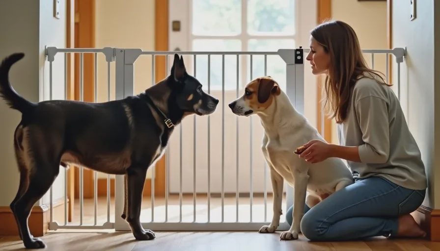 First visual meeting through a baby gate — calm and supervised A tall baby gate in a doorway with a mixed-breed dog on each side sniffing toward each other while a woman kneels beside them with treats.