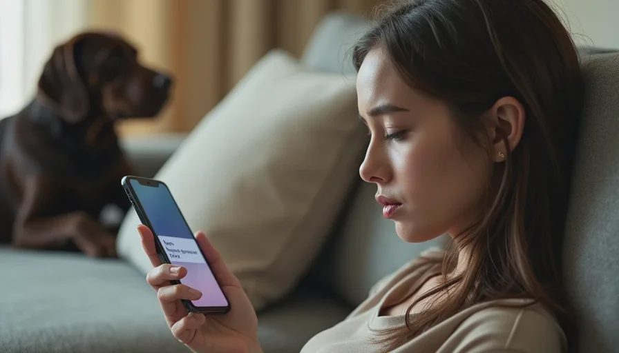 The phone rings again — when rescue burnout makes you hesitate Close-up of Poppy's tired face and the phone on the couch cushion with a new rescue request notification, while a dog sleeps next to her.