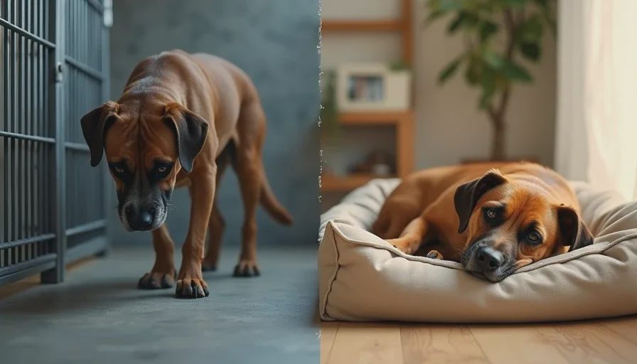 Biscuit's transformation — from shelter stress to soft-bed naps Before and after adoption collage of a senior brown dog named Biscuit: left side shows him standing tense in a shelter kennel, right side shows him curled asleep on a soft bed in a bright living room.