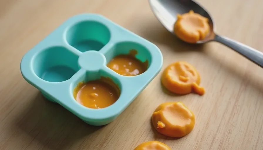 Frozen pumpkin-yogurt bites — a simple cooling treat for dogs A silicone mold filled with orange pumpkin-yogurt mixture for dog treats, with a few frozen bites already popped out on the counter beside it.