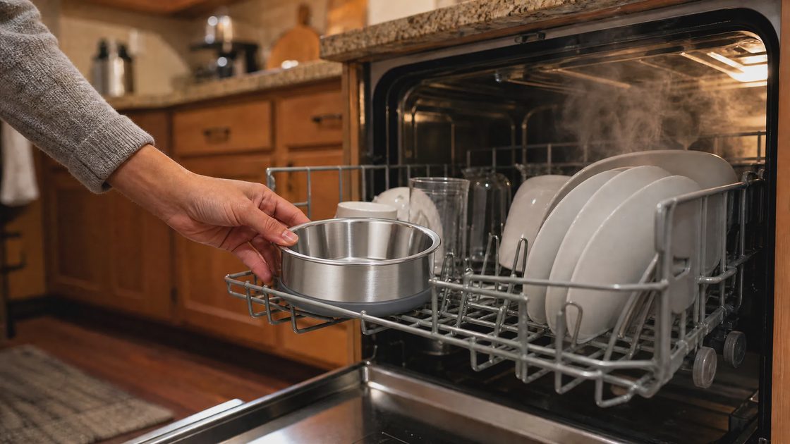 Hand placing a stainless steel dog bowl with silicone base into the top rack of a dishwasher for easy cleaning