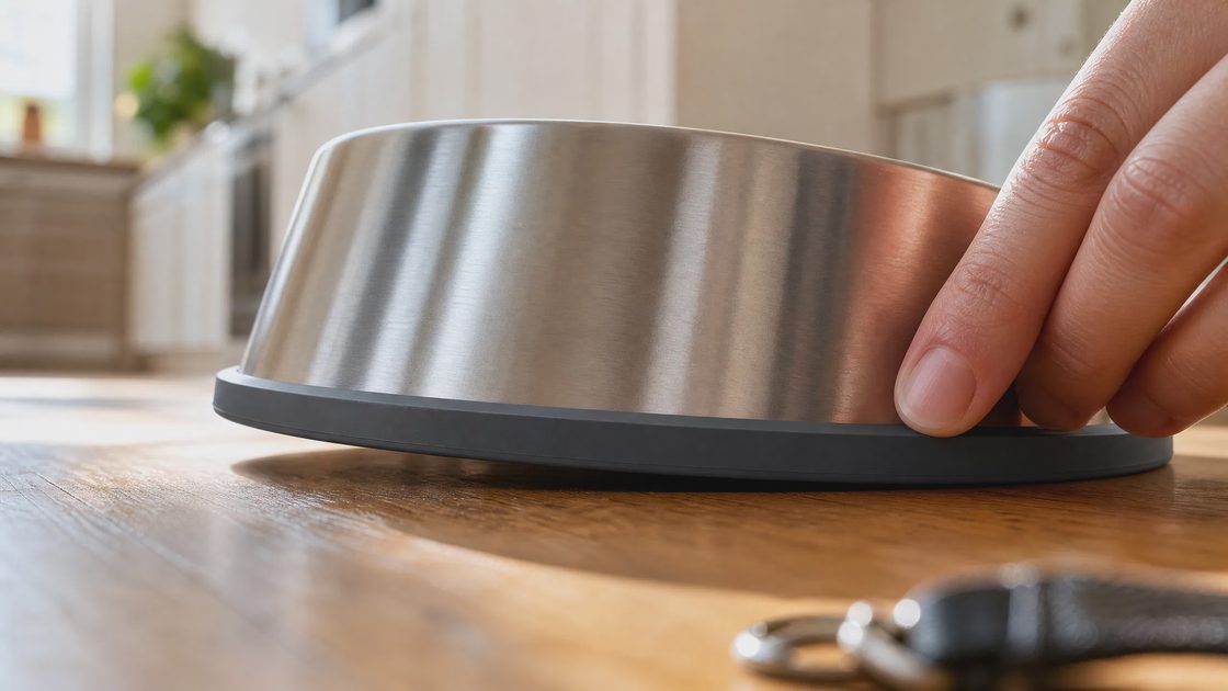 Close-up of hand touching the dark silicone nonslip base ring on a stainless steel dog bowl on hardwood floor