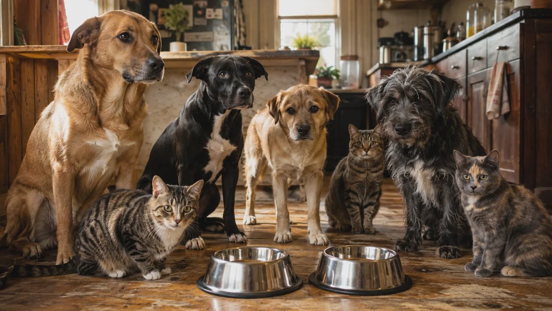Four rescue dogs and three cats sitting in a rustic kitchen with two nonslip stainless steel pet bowls on the wooden floor