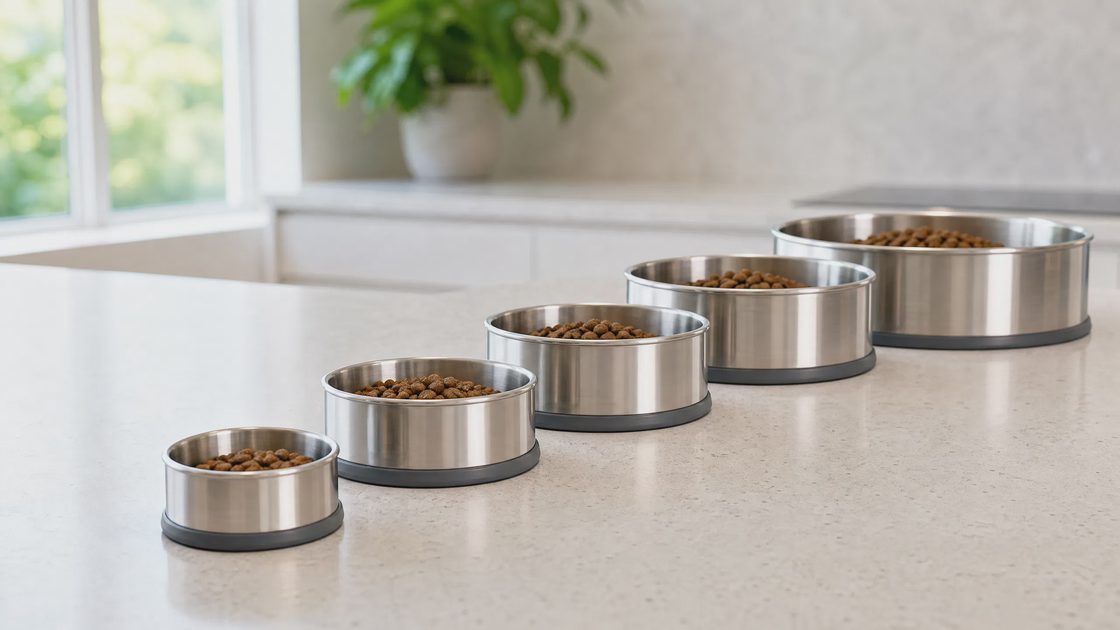 Five sizes of nonslip stainless steel dog bowls lined up in a row on a kitchen counter, each filled with dry kibble