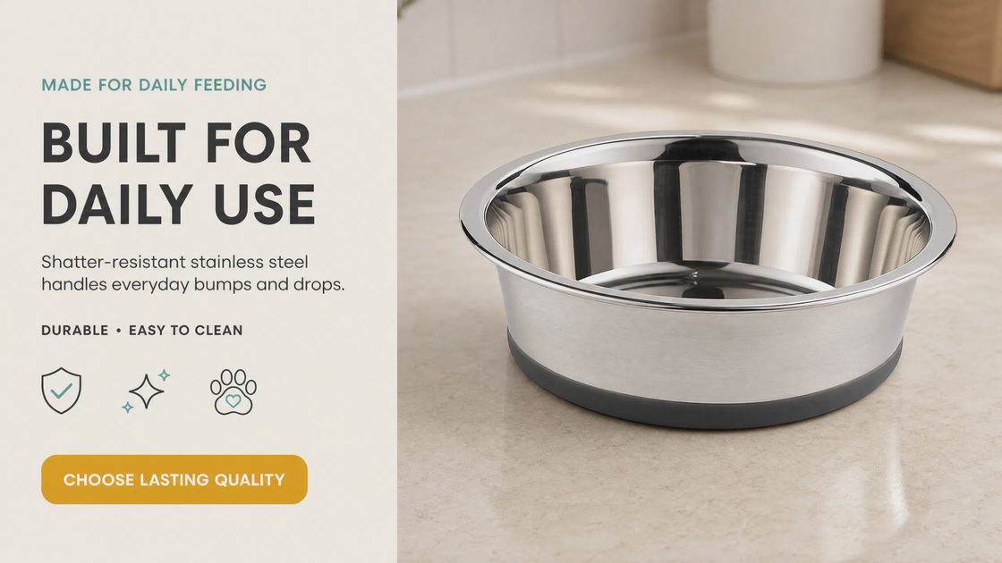 PEGGY11 nonslip stainless steel dog bowl with silicone base on kitchen counter, product feature graphic saying built for daily use