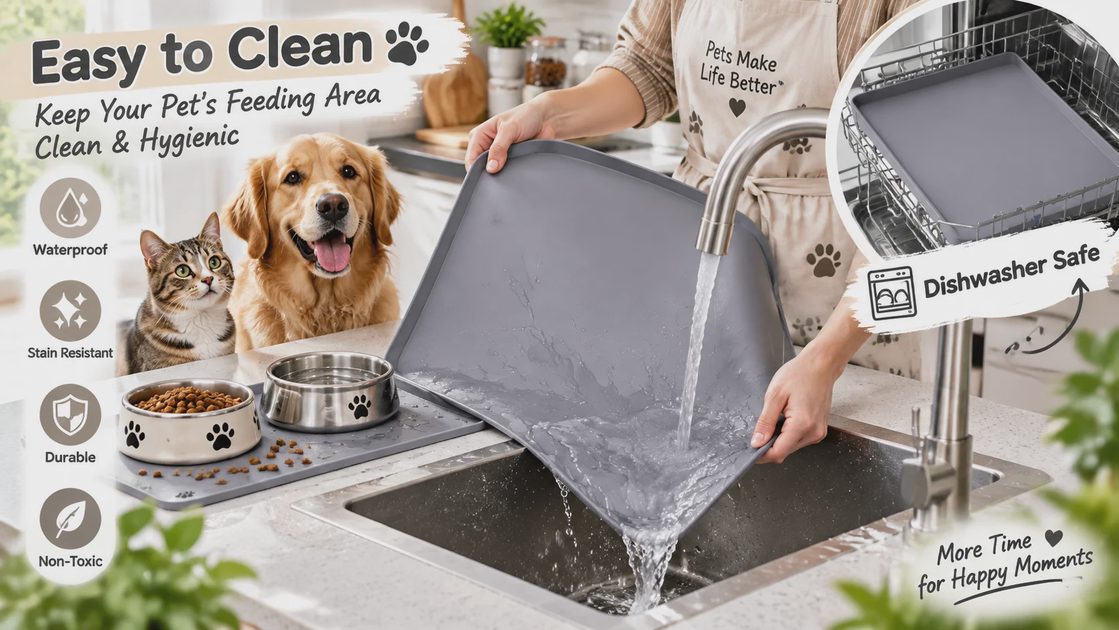 MateeyLife feeding mat is easy to clean and dishwasher safe A person rinsing the MateeyLife silicone feeding mat under a kitchen faucet while a golden retriever and a tabby cat watch, stainless steel pet bowls beside them