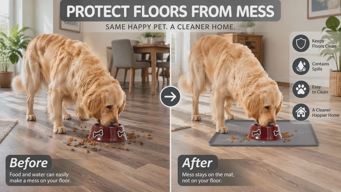 Protect floors from mess — before and after with the MateeyLife feeding mat Before and after of a golden retriever eating: kibble scattered on the bare floor, then contained on the MateeyLife silicone mat keeping the floor clean