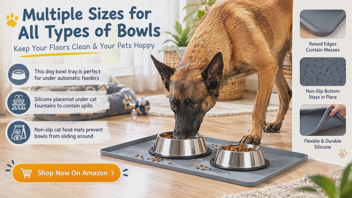 MateeyLife silicone feeding mat — raised edges contain messes A Belgian Malinois eating from a stainless steel bowl on the MateeyLife silicone pet feeding mat, with raised edges and a non-slip bottom keeping the floor clean