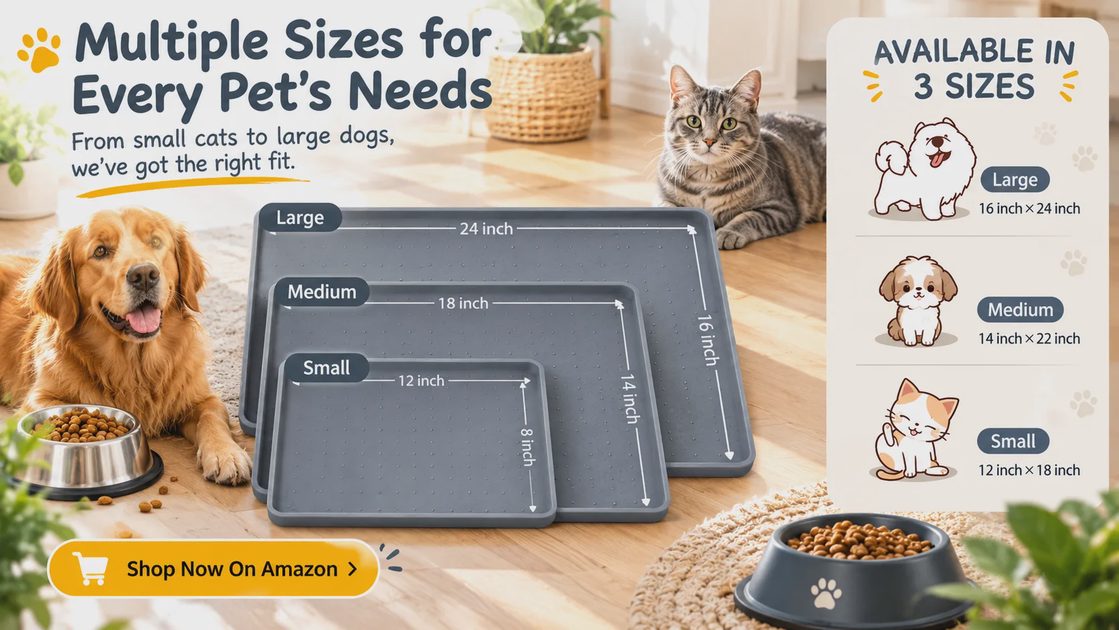 MateeyLife feeding mat size guide: 3 sizes for cats to large dogs Three MateeyLife silicone feeding mat sizes — Large 16 by 24 inches, Medium 14 by 22 inches, and Small 12 by 18 inches — beside a golden retriever and a tabby cat