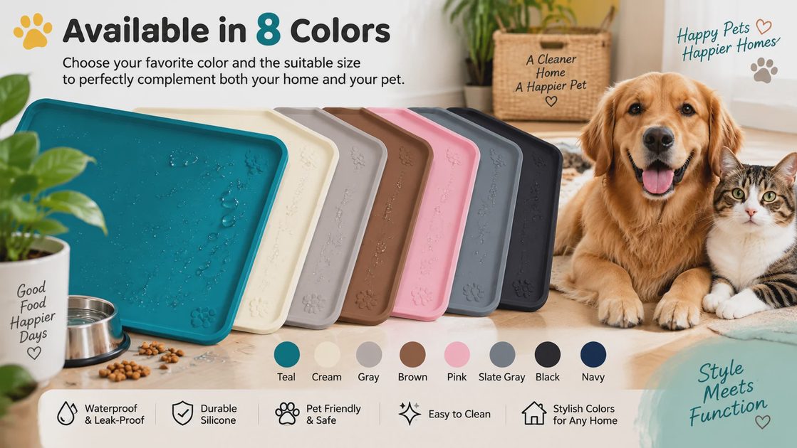 MateeyLife feeding mat available in 8 colors Eight colors of the MateeyLife silicone pet feeding mat — teal, cream, gray, brown, pink, slate gray, black, and navy — with a golden retriever and a tabby cat
